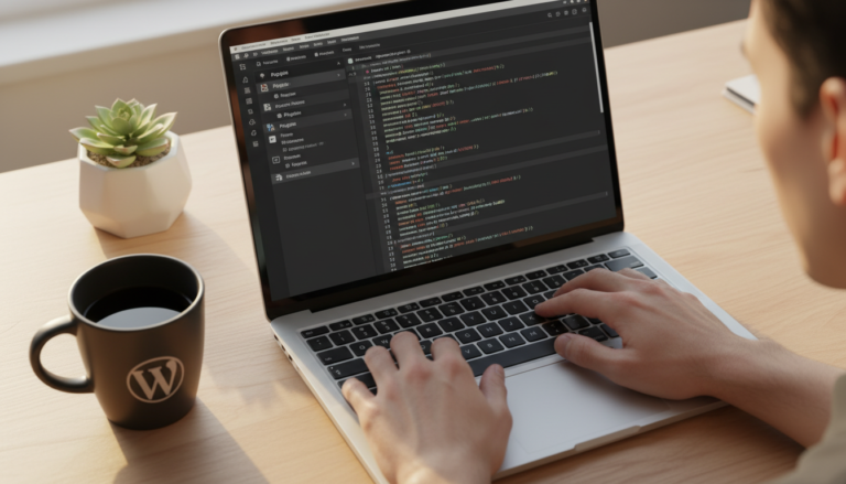 Mãos digitando código personalizado no WordPress usando um plugin de snippets para evitar quebras no site.