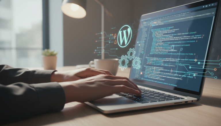 Mãos digitando código em um laptop, com o logotipo do WordPress e engrenagens na tela, simbolizando a automação de tarefas.