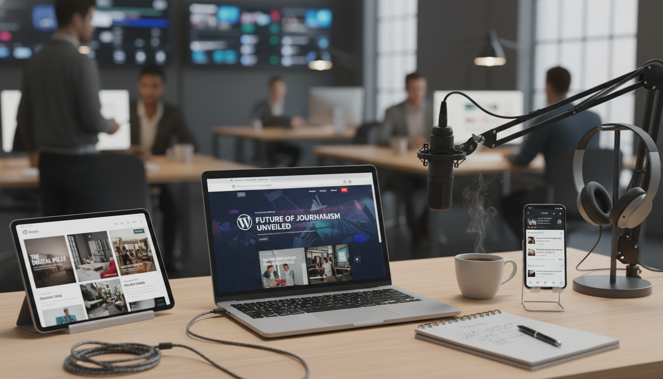 Setup de trabalho para criar site de notícias com WordPress, incluindo laptop, tablet e smartphone