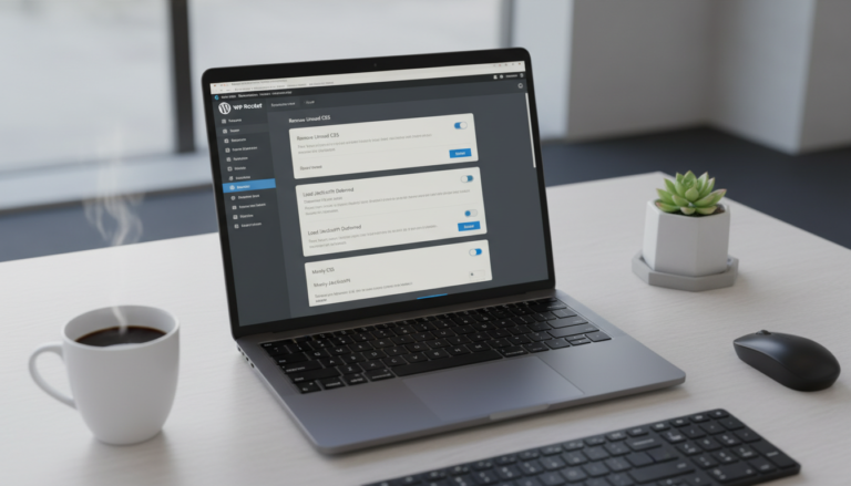 Interface do WP Rocket com opções de otimização de CSS e JS destacadas