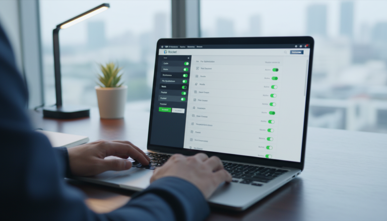 Interface do WP Rocket com opções de otimização ativadas para máxima velocidade do site em 2024