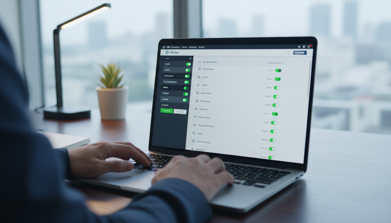 Interface do WP Rocket com opções de otimização ativadas para máxima velocidade do site em 2024