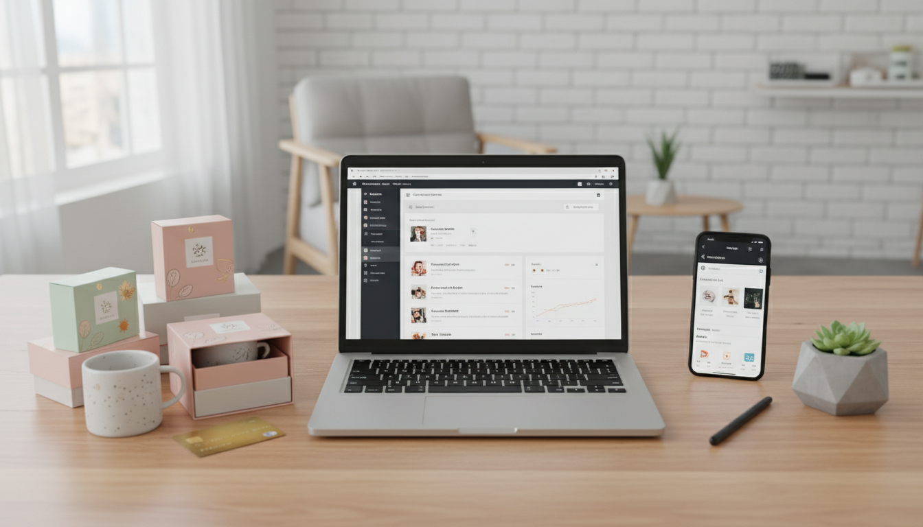 Laptop com WooCommerce WordPress, produtos, cartão de crédito, smartphone em mesa de trabalho – Criando Loja Virtual