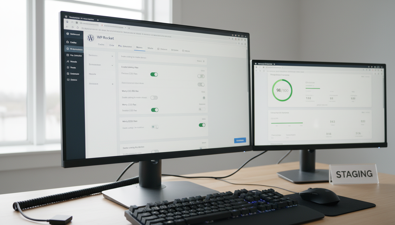 Configurações do WP Rocket em um ambiente de staging, com pontuações de performance de site visíveis