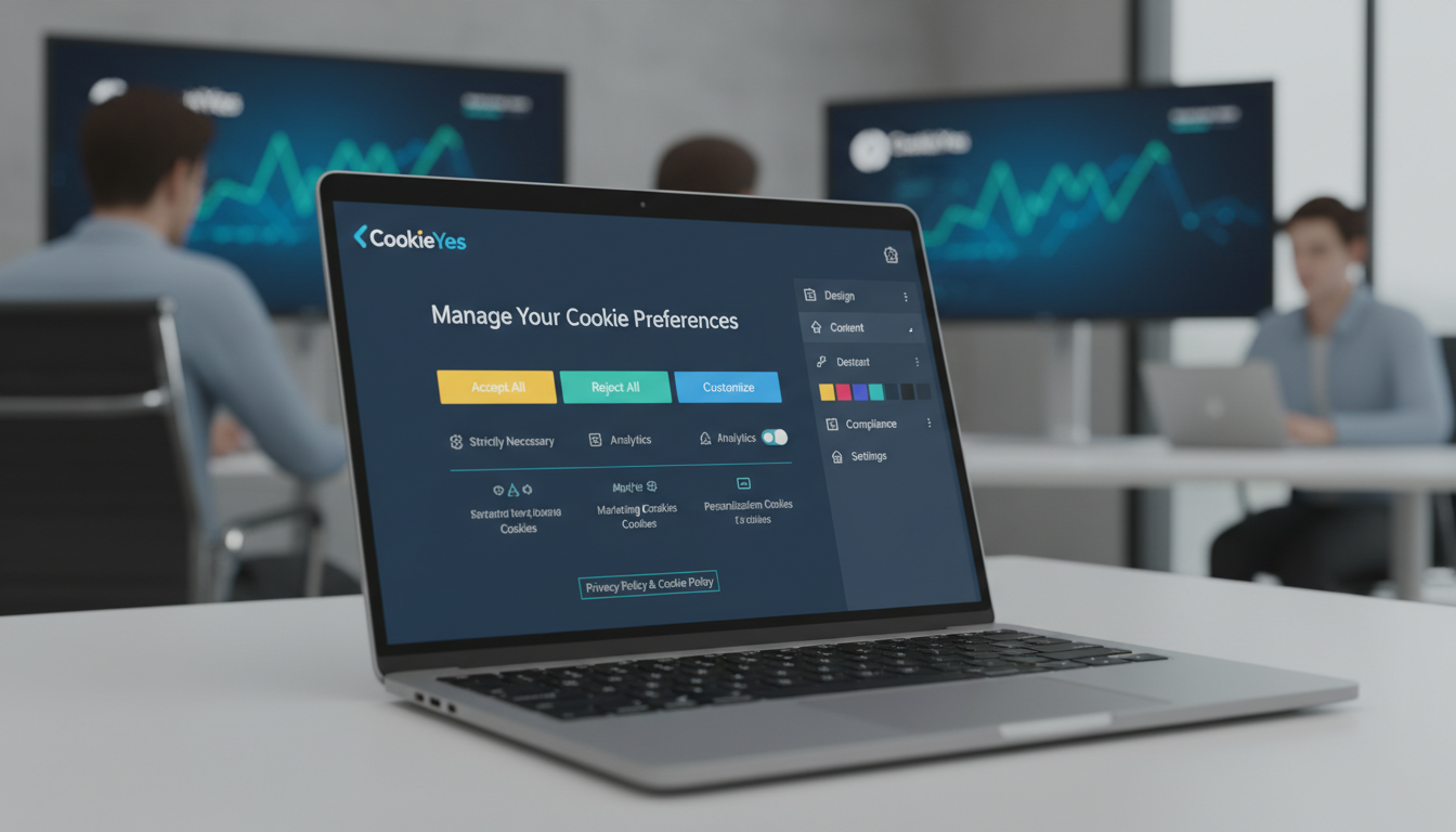 Banner de consentimento de cookies do CookieYes 3.4.0 em tela de laptop, mostrando configurações de personalização e conformidade GDPR/CCPA.