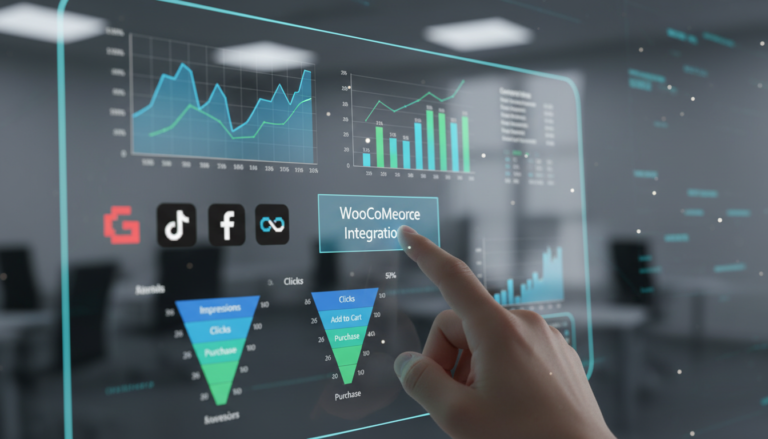 Dashboard de análise de dados do Pixel Manager for WooCommerce 1.55.0 com ícones de Google Ads, TikTok e Meta
