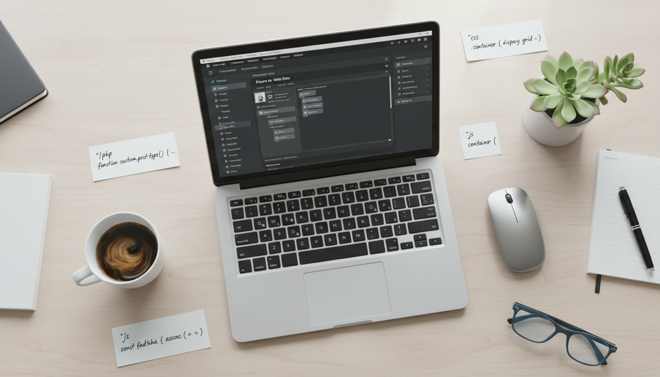 Mesa de trabalho com laptop WordPress e snippets de código para desbloquear recursos ocultos