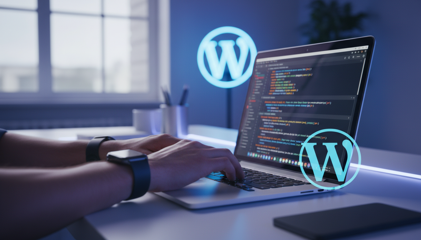 Mãos de desenvolvedor codificando um plugin WordPress em um laptop com código PHP