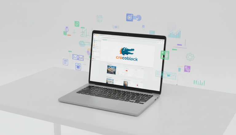Laptop com Elementor e Plugins Crocoblock em tela, mostrando desenvolvimento web avançado.