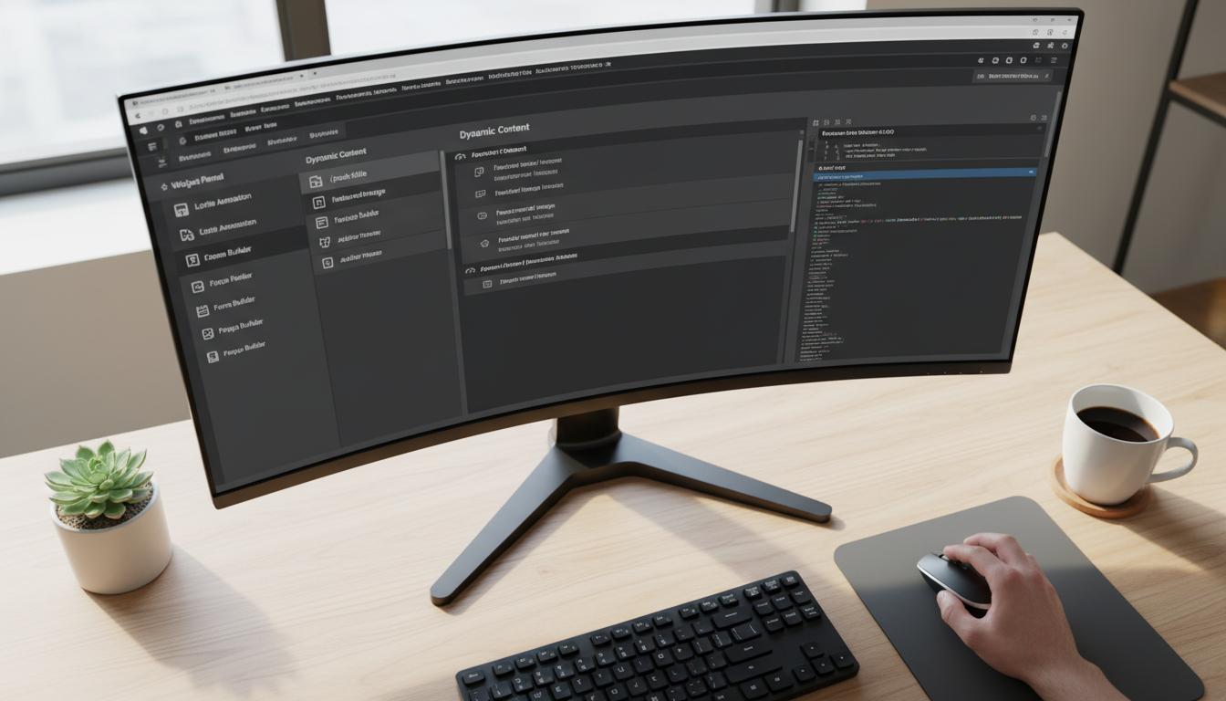 Interface do Elementor PRO com dicas avançadas, mostrando campos dinâmicos e personalização de CSS em um desktop moderno