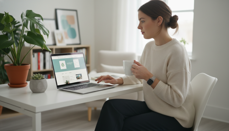 Mulher empreendedora trabalhando em laptop com site WordPress para pequena empresa