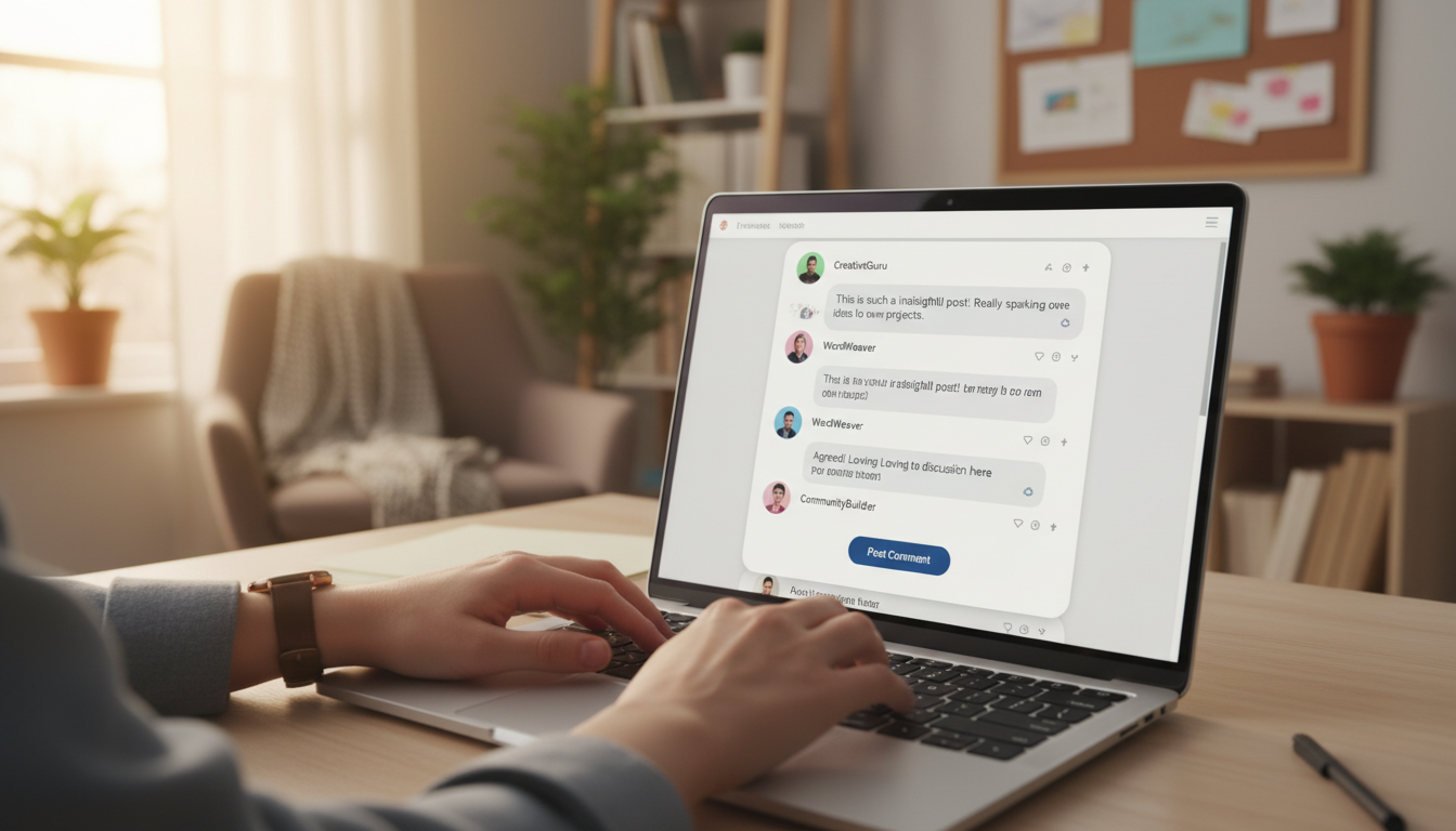 Laptop exibindo seção de comentários de blog com alta interação e sistema de plugins, estimulando o engajamento de leitores.