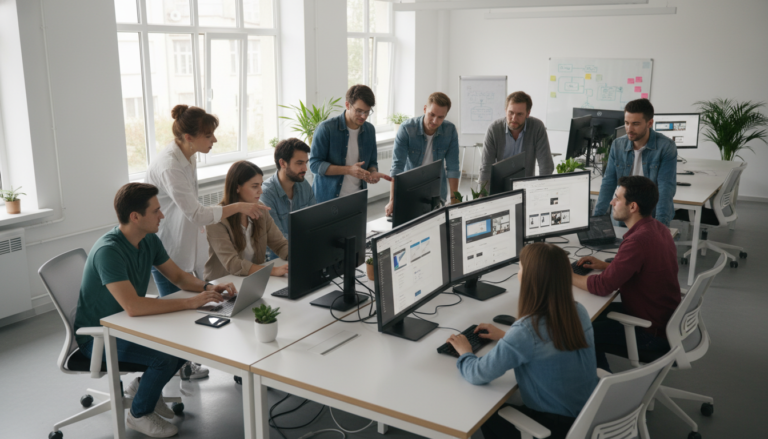 Profissionais de agência digital usando Crocoblock para Agências em um ambiente de trabalho moderno e colaborativo, impulsionando a produtividade.