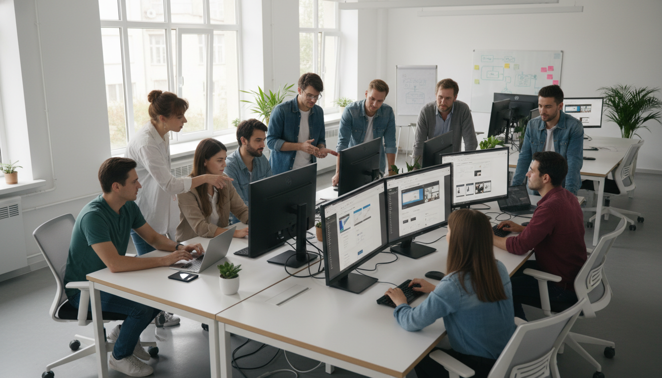Profissionais de agência digital usando Crocoblock para Agências em um ambiente de trabalho moderno e colaborativo, impulsionando a produtividade.