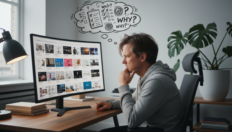 Pessoa confusa escolhendo tema WordPress, erros de seleção de tema, dicas para evitar erros WordPress, como escolher tema WordPress, armadilhas tema WordPress.