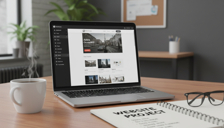 Interface do WordPress com opções de temas gratuitos como Astra, OceanWP e GeneratePress em um laptop