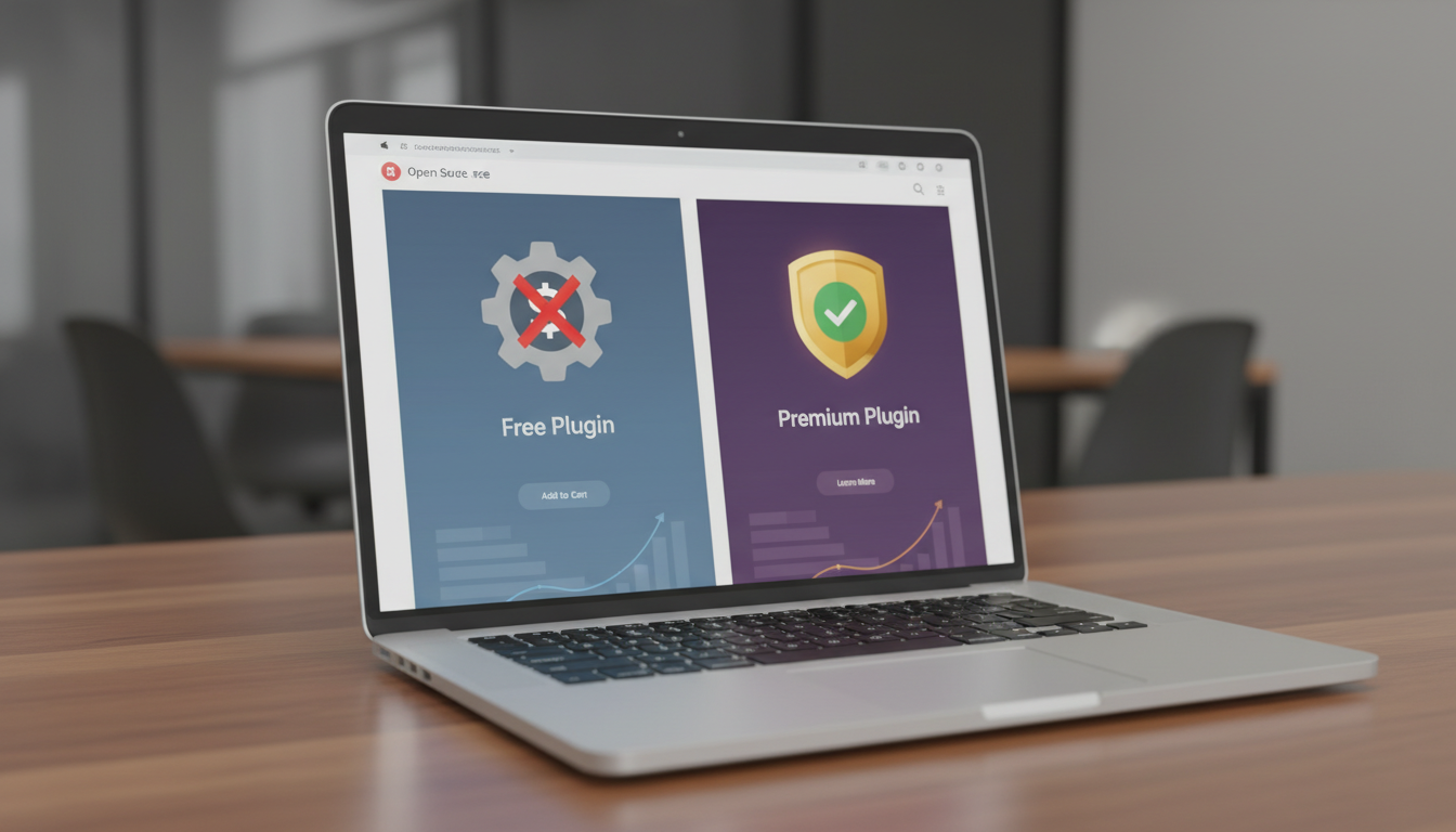 Ilustração comparativa de plugins WooCommerce gratuitos e pagos em um ambiente de e-commerce.