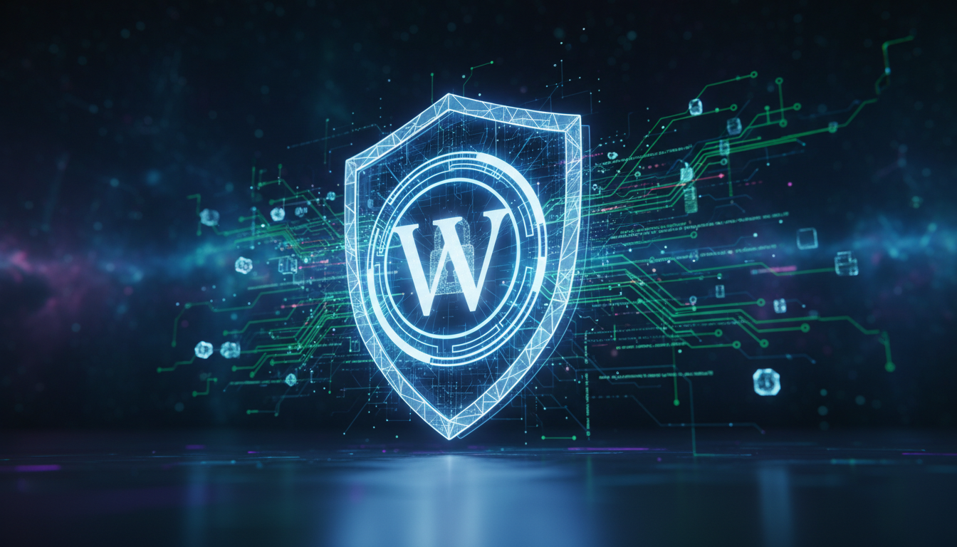 Escudo digital protegendo logotipo WordPress, firewall, segurança cibernética, proteção contra malware