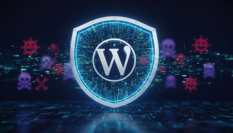 Escudo digital protegendo o logotipo do WordPress, representando os melhores plugins de segurança para sites