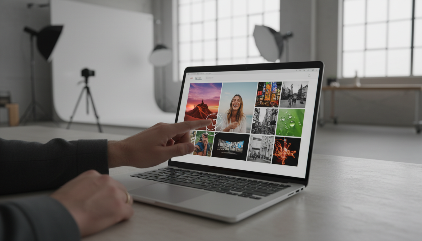 Mãos de fotógrafo trabalhando em laptop com interface WordPress exibindo galerias de fotos profissionais