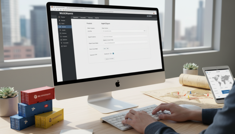 Interface do WooCommerce para importação e exportação de produtos, com mapa-múndi e caixas de transporte.