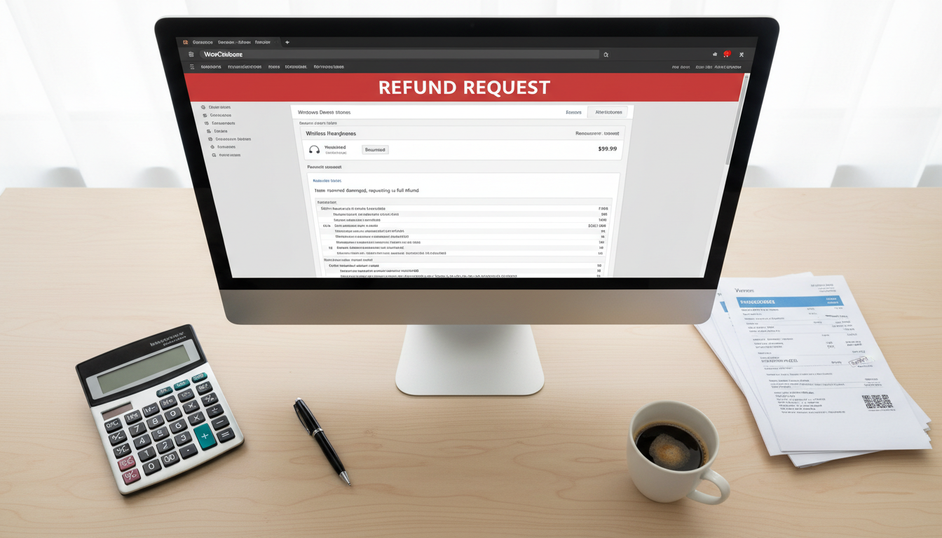Interface WooCommerce para reembolsos e devoluções, gestão de pedidos, e-commerce eficiente