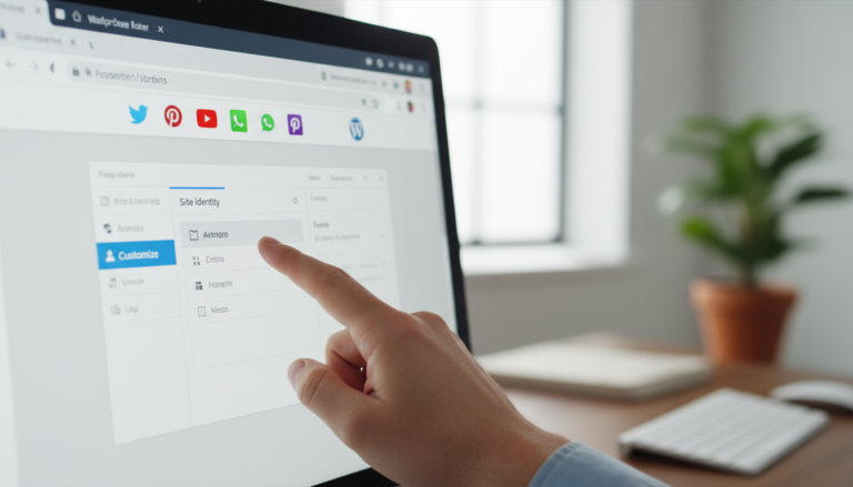 Tela do WordPress com menu de personalização aberto, mostrando a opção para adicionar um favicon, com um ícone de estrela genérico na aba do navegador.