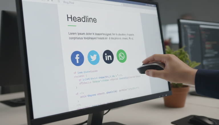 Botões de compartilhamento social em site, snippets de código, redes sociais, marketing digital