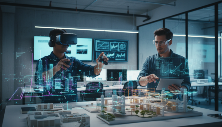 Pessoas construindo experiências imersivas com VR e AR, usando headsets de realidade virtual e dispositivos de realidade aumentada em um cenário de inovação tecnológica.