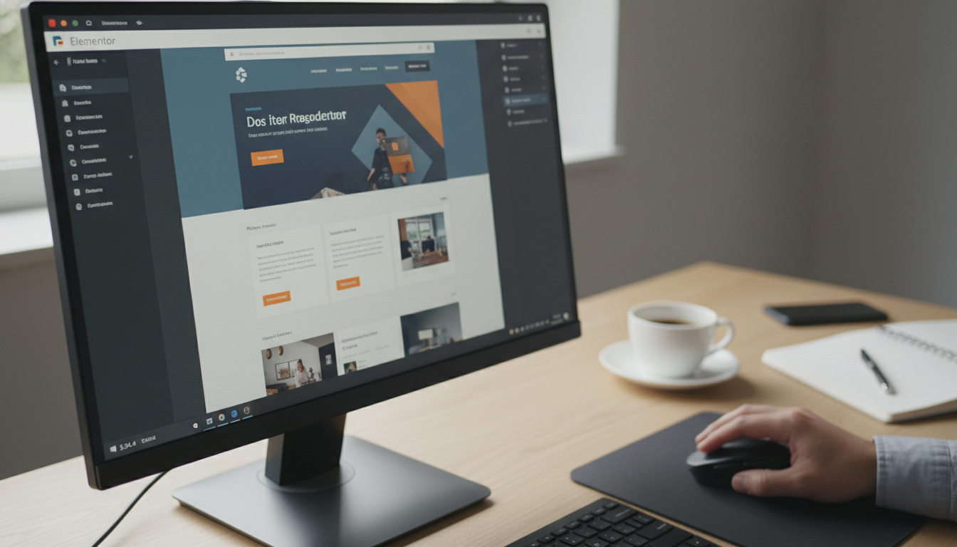 Elementor 3.34.4 em ação, tela de computador exibindo melhorias de interface e performance