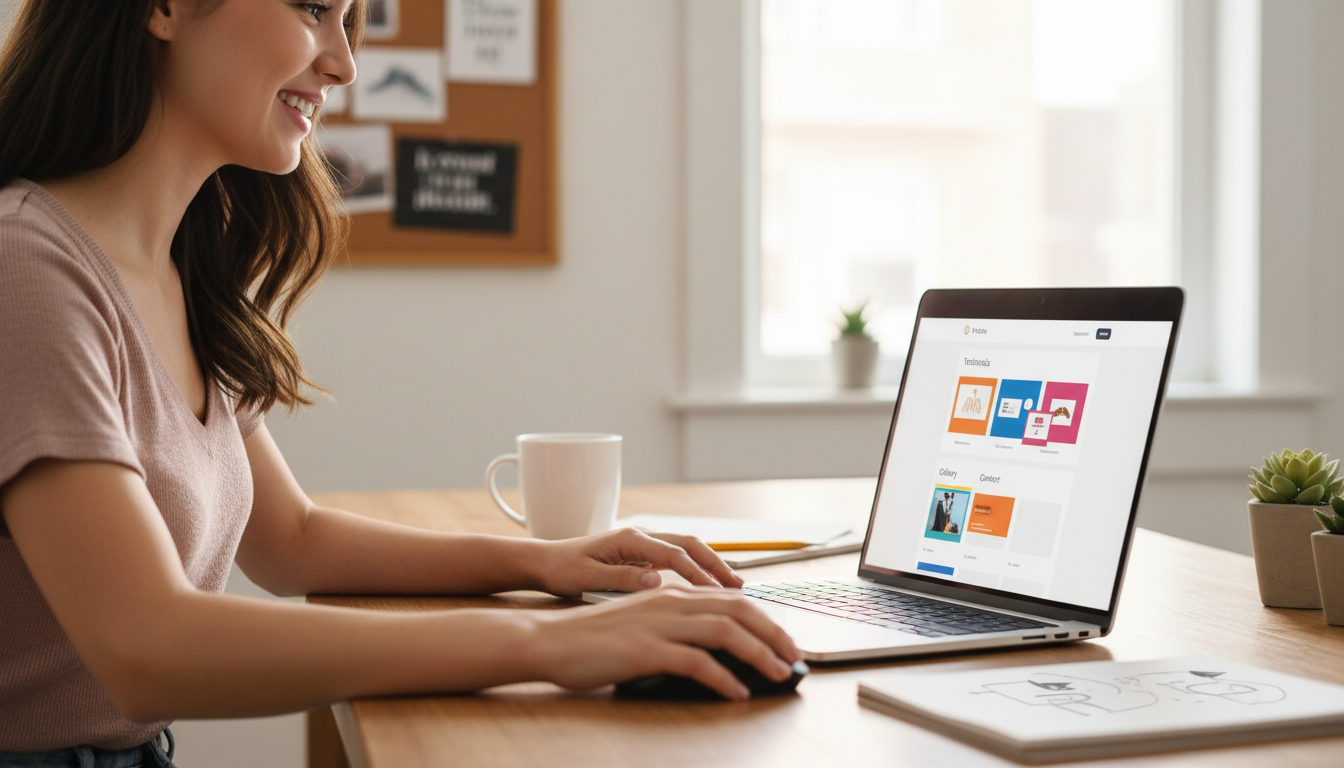 Mulher usando Tema WordPress com Construtor de Páginas para criar site