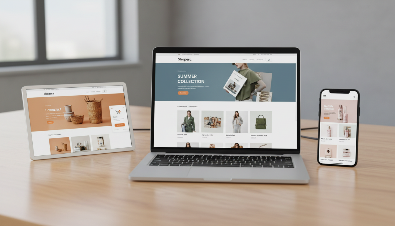Interface de loja virtual WordPress com diferentes temas em laptop, tablet e smartphone