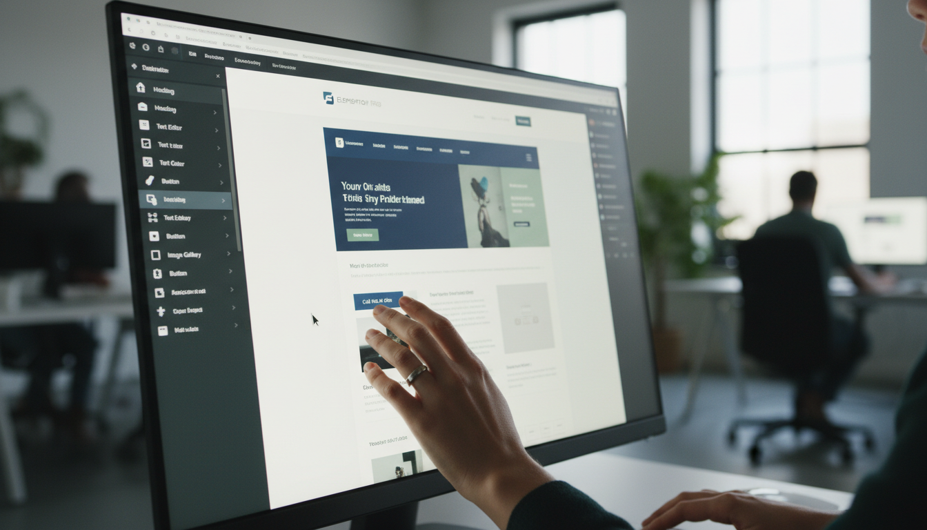Mãos usando Elementor PRO em um laptop, construindo um site com design moderno
