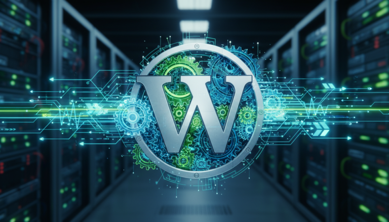 Ícone de banco de dados WordPress com engrenagens digitais, simbolizando otimização e velocidade para performance.