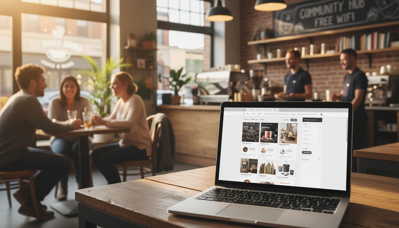 Laptop com loja WooCommerce em frente a um negócio local prosperando