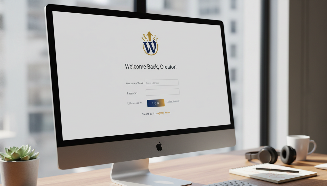 Página de login do WordPress com logo personalizado, cores de botão e fundo modificados, demonstrando a customização através de código.