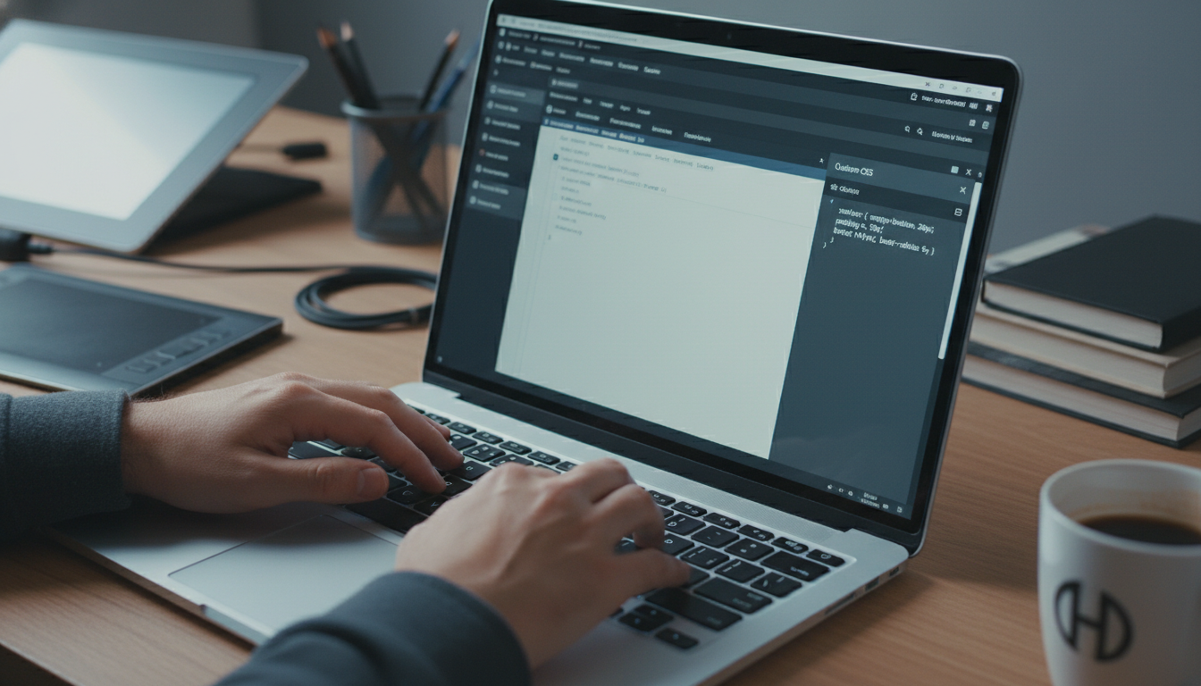 Mãos digitando código CSS no Elementor PRO para personalizar um site