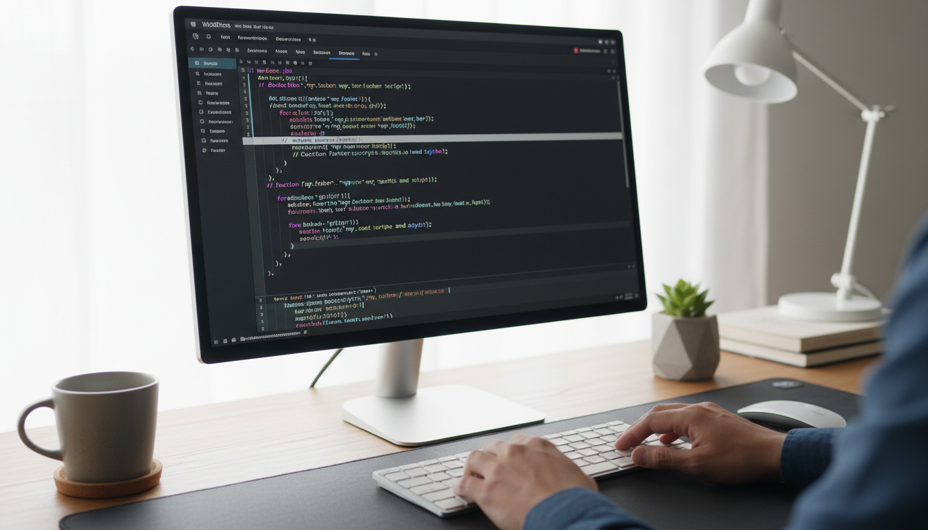 Código PHP em um editor, focado em snippets para personalizar o rodapé do WordPress, exibindo funções de modificação e adição de conteúdo.