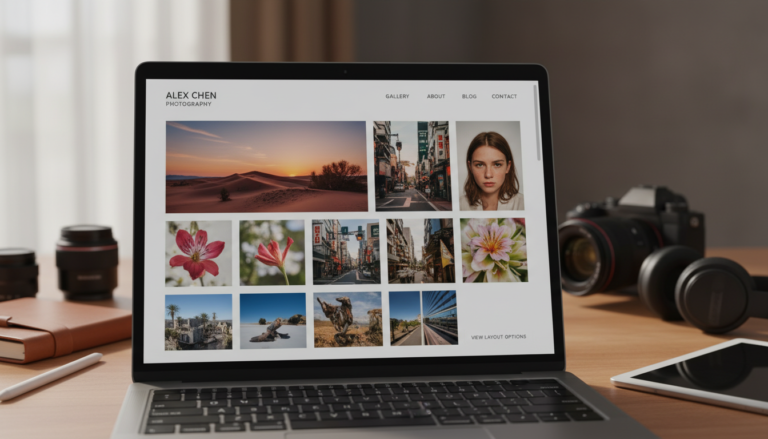 Interface de um site WordPress com uma galeria de fotos otimizada usando um plugin, mostrando imagens nítidas e um design responsivo.