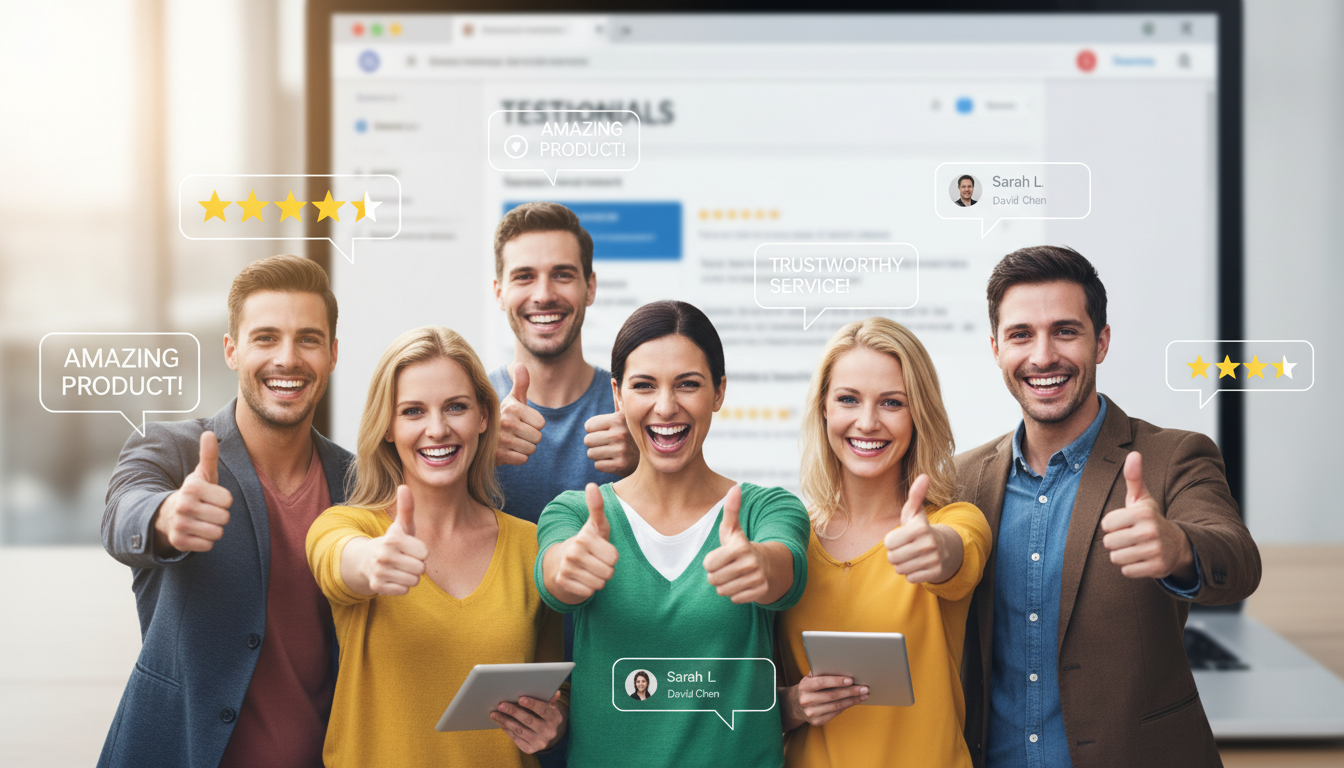 Clientes satisfeitos e ícones de depoimentos em um site WordPress, simbolizando a eficácia dos plugins de testemunhos para WordPress.