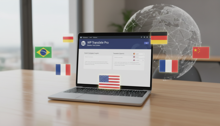 Interface de tradução de site WordPress com bandeiras de diferentes países