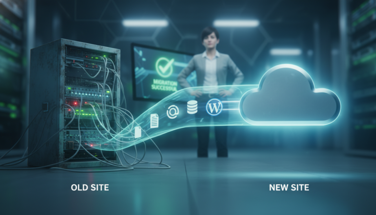 Migração de site WordPress, transferência de dados entre servidor antigo e novo, ícones de WordPress e banco de dados