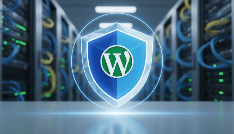 Escudo digital protegendo o logo do WordPress, representando plugins de backup para WordPress e segurança de dados.