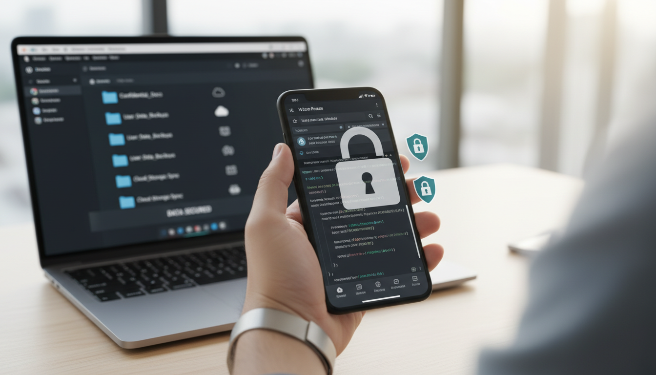 Mãos usando um laptop para fazer backup de snippets WordPress, com foco em segurança digital e prevenção de perda de dados.
