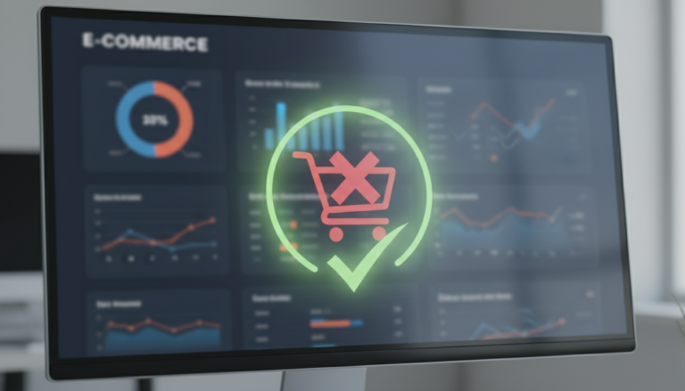 Ícone de carrinho de compras com sinal de sucesso, representando a otimização do checkout do WooCommerce para reduzir o abandono.