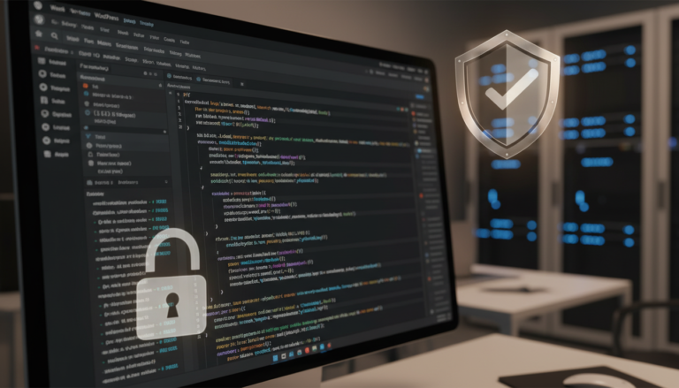 Tela de computador com código WordPress e ícones de segurança, simbolizando dicas de segurança para snippets