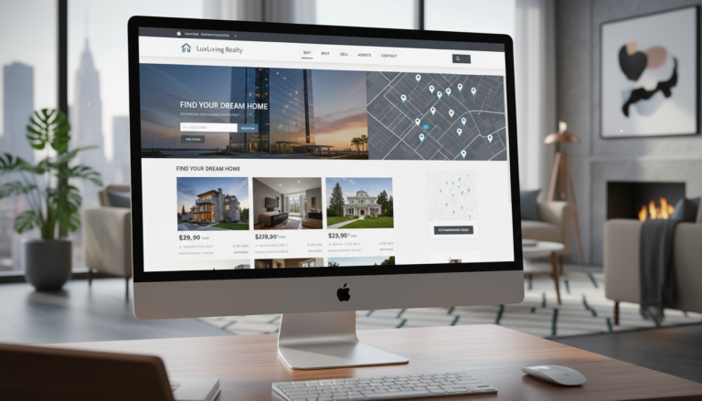 Interface de site imobiliário otimizado com Temas WordPress para Imóveis, exibindo listagens e mapas interativos