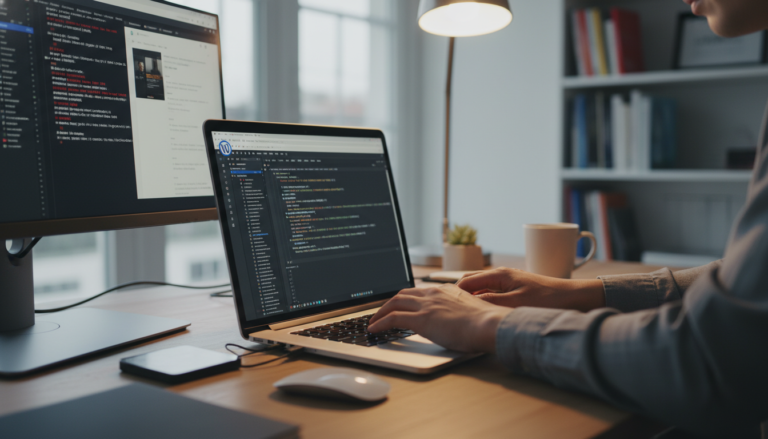 Mãos digitando código WordPress em um laptop, com tela exibindo ambiente de desenvolvimento e console de erros. Cena de teste de snippets WordPress.