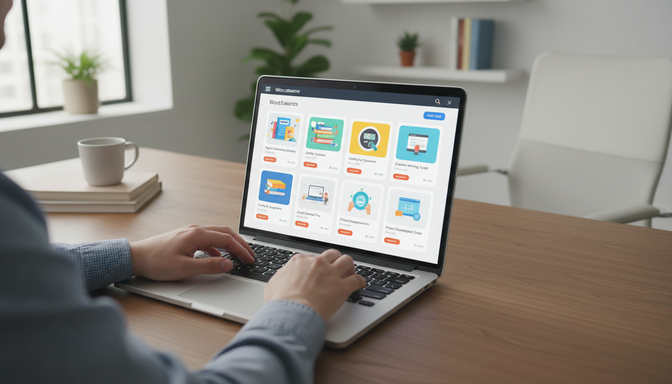 Interface do WooCommerce em laptop com produtos digitais à venda, como e-books e cursos online
