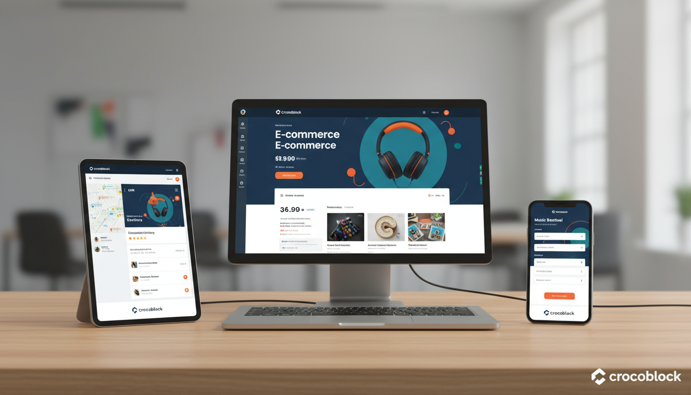 Diversos sites reais construídos com Crocoblock em laptop, tablet e smartphone